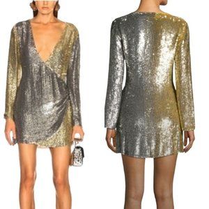 Revolve Retrofete Christine‎ Sequins Mini Dress Longsleeve Gold Silver Sz L NWT
